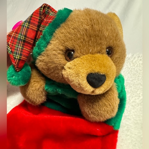 Vintage Christmas Stocking Teddy Bear Santa Hat 80’s 90s Cute Grannycore Classic - Picture 2 of 11